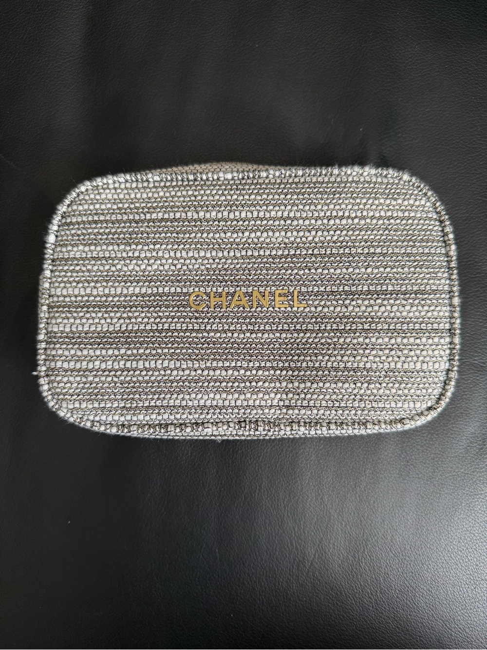 CHANEL Silver Gray Tweed Beauty Cosmetic Case Pouch Bag. NWOT